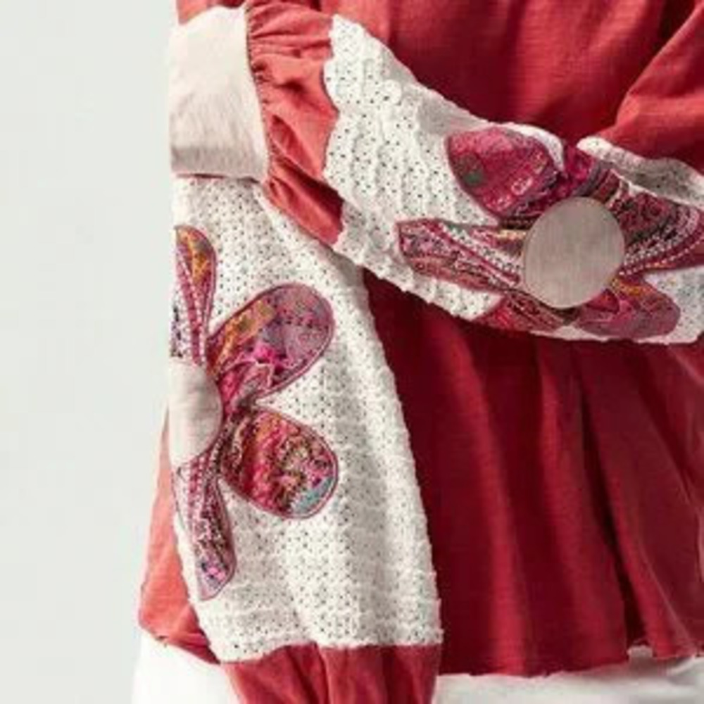 Pink Casual Women's Boho Knit Patchwork Lantern Sleeve Colorful Floral T-Shirt